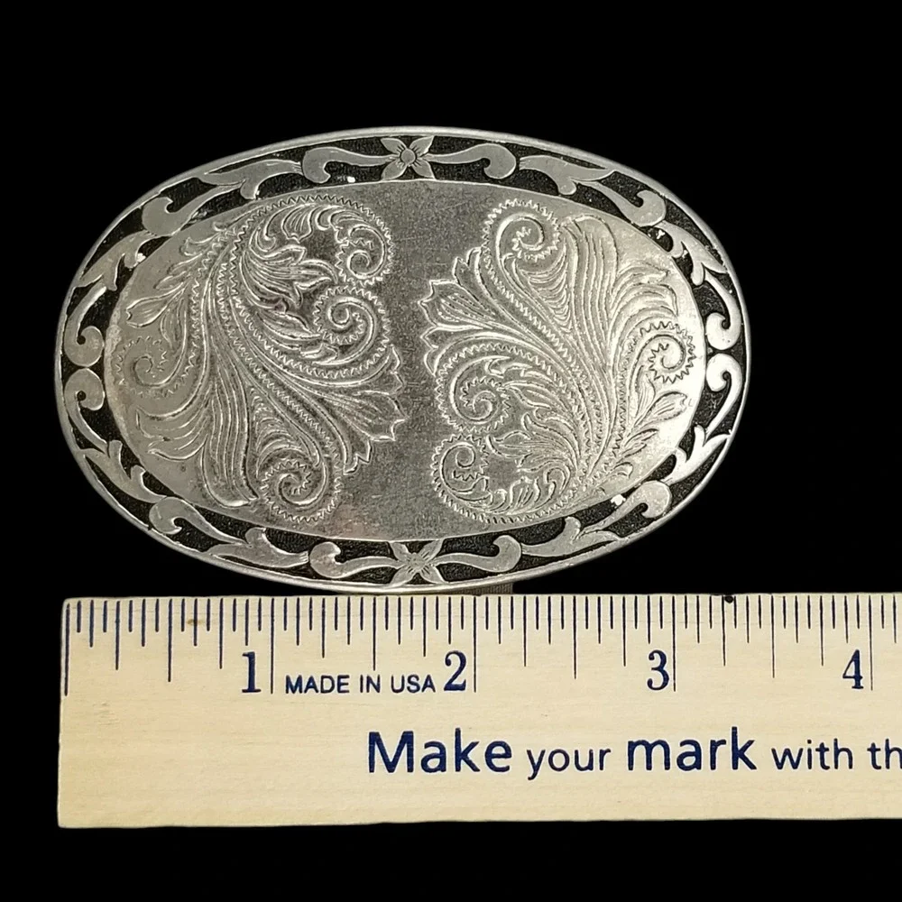 Western Silver Tone Oval Belt Buckle‎ Engraved Paisley Floral Scroll Filigree